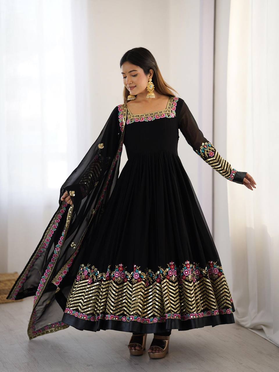 Elegant Embroidered Georgette Anarkali Set – Sequins Work Gown, Bottom & Dupatta