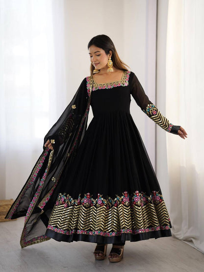 Elegant Embroidered Georgette Anarkali Set – Sequins Work Gown, Bottom & Dupatta