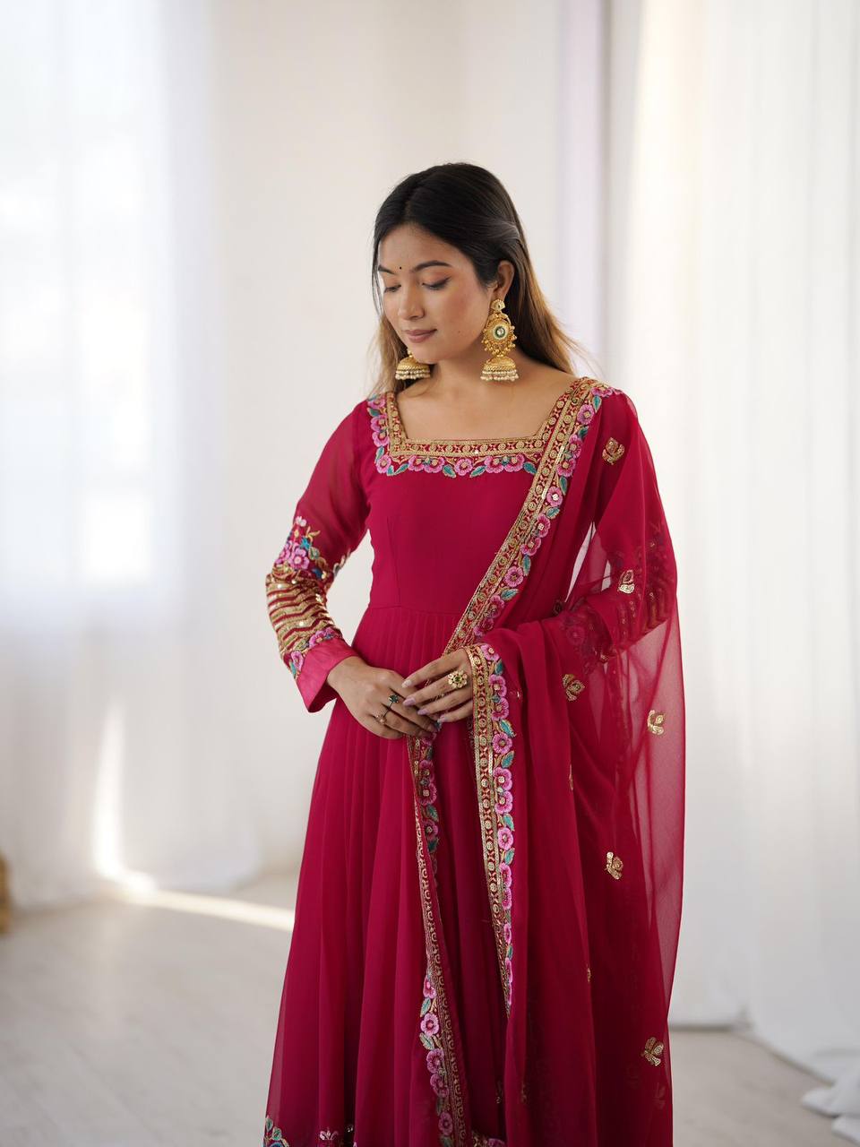 Elegant Embroidered Georgette Anarkali Set – Sequins Work Gown, Bottom & Dupatta