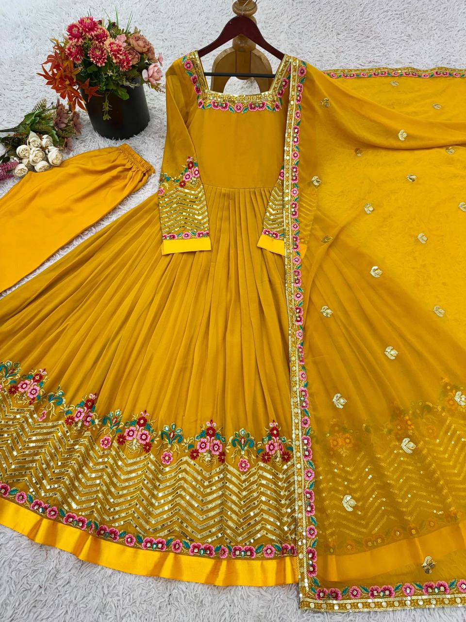 Elegant Embroidered Georgette Anarkali Set – Sequins Work Gown, Bottom & Dupatta