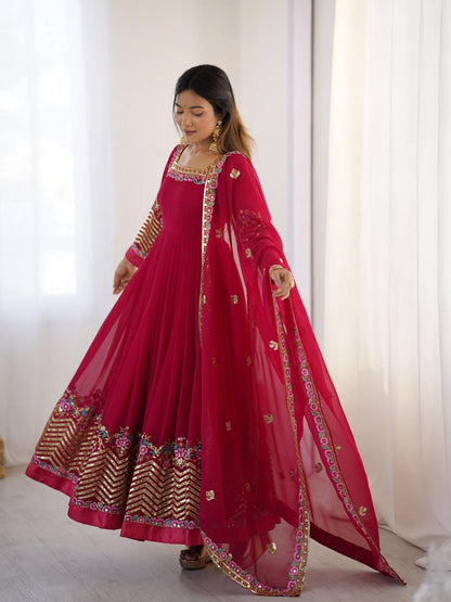 Elegant Embroidered Georgette Anarkali Set – Sequins Work Gown, Bottom & Dupatta