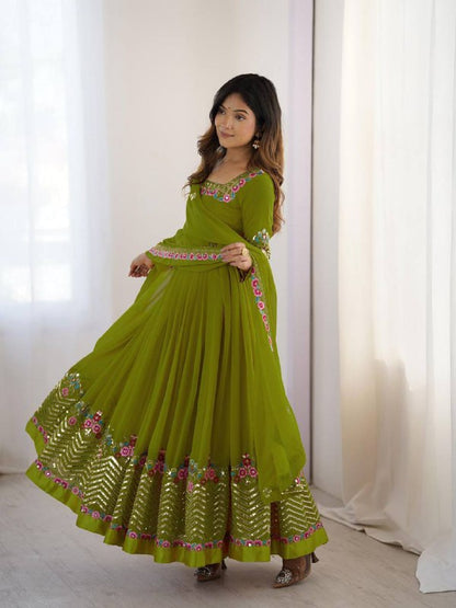 Elegant Embroidered Georgette Anarkali Set – Sequins Work Gown, Bottom & Dupatta