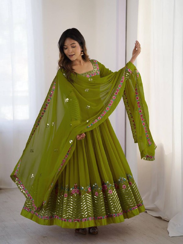 Elegant Embroidered Georgette Anarkali Set – Sequins Work Gown, Bottom & Dupatta