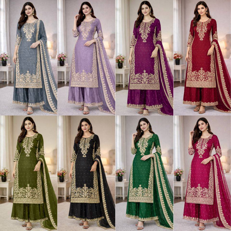 Premium Designer GMY Silk Top‑Plazzo‑Dupatta Set