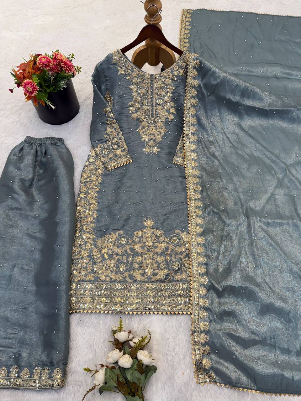 Premium Designer GMY Silk Top‑Plazzo‑Dupatta Set
