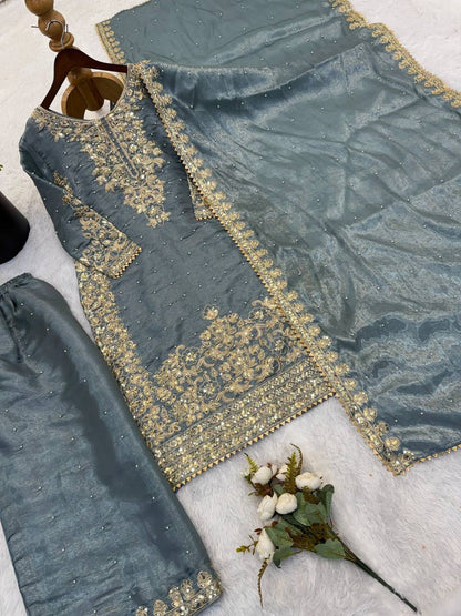 Premium Designer GMY Silk Top‑Plazzo‑Dupatta Set