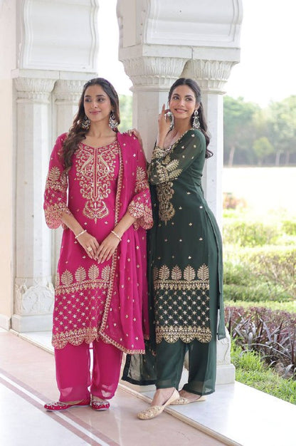 Premium Readymade Kurti‑Pant‑Dupatta Set – Faux Blooming Fabric with Sequins Embroidery