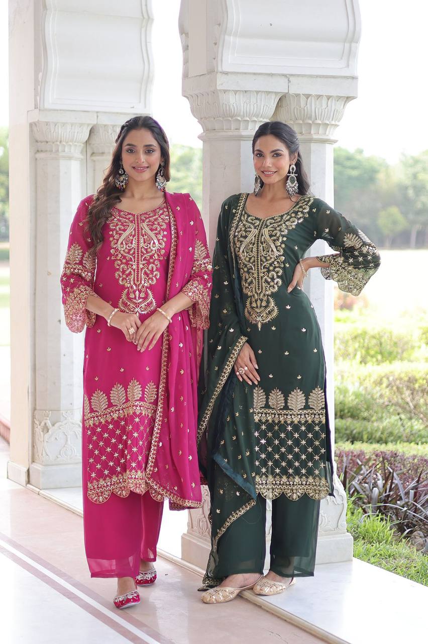 Premium Readymade Kurti‑Pant‑Dupatta Set – Faux Blooming Fabric with Sequins Embroidery