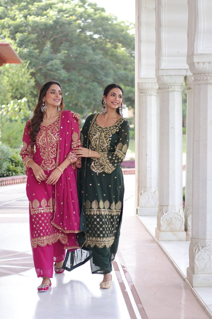 Premium Readymade Kurti‑Pant‑Dupatta Set – Faux Blooming Fabric with Sequins Embroidery
