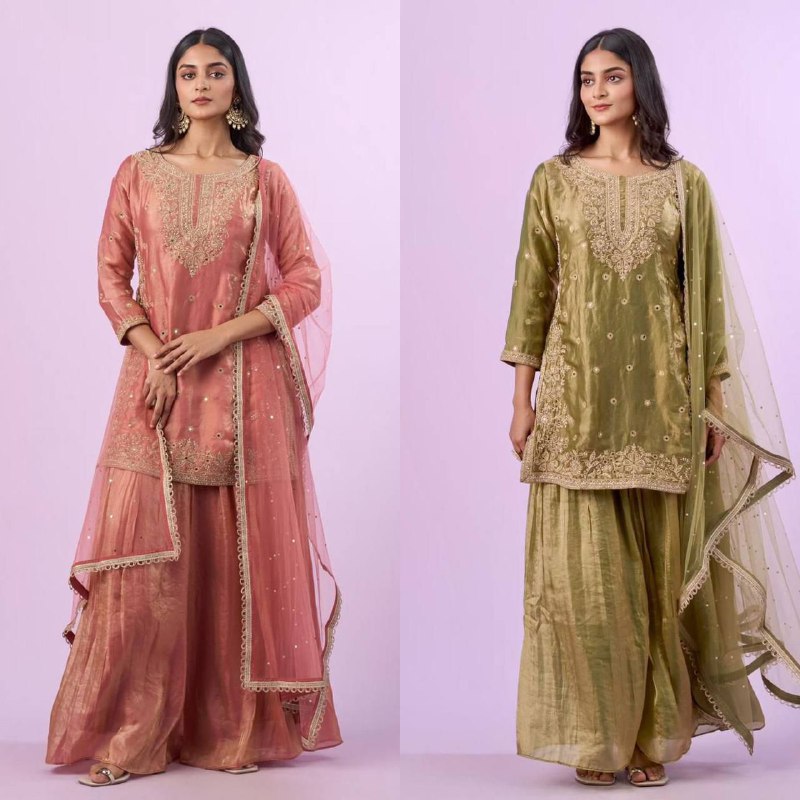 Premium Fandy Silk Top‑Plazzo‑Dupatta Set – Sequins & Diamond Hand Work