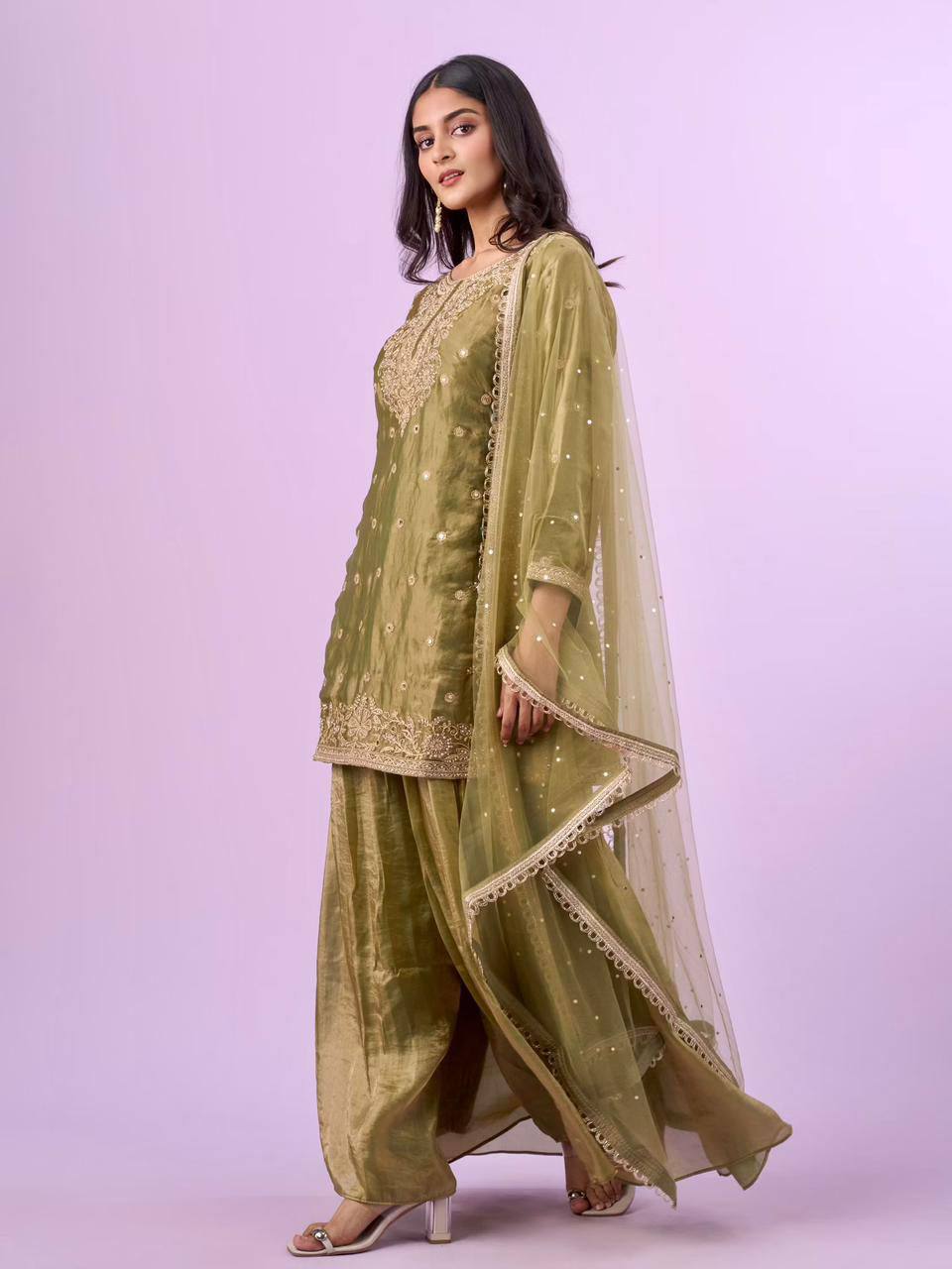 Premium Fandy Silk Top‑Plazzo‑Dupatta Set – Sequins & Diamond Hand Work