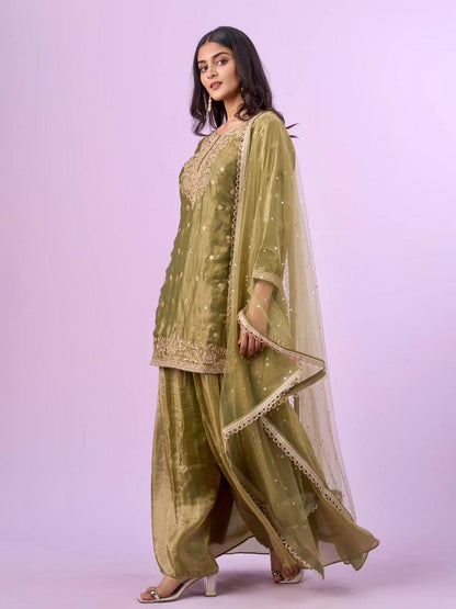 Premium Fandy Silk Top‑Plazzo‑Dupatta Set – Sequins & Diamond Hand Work