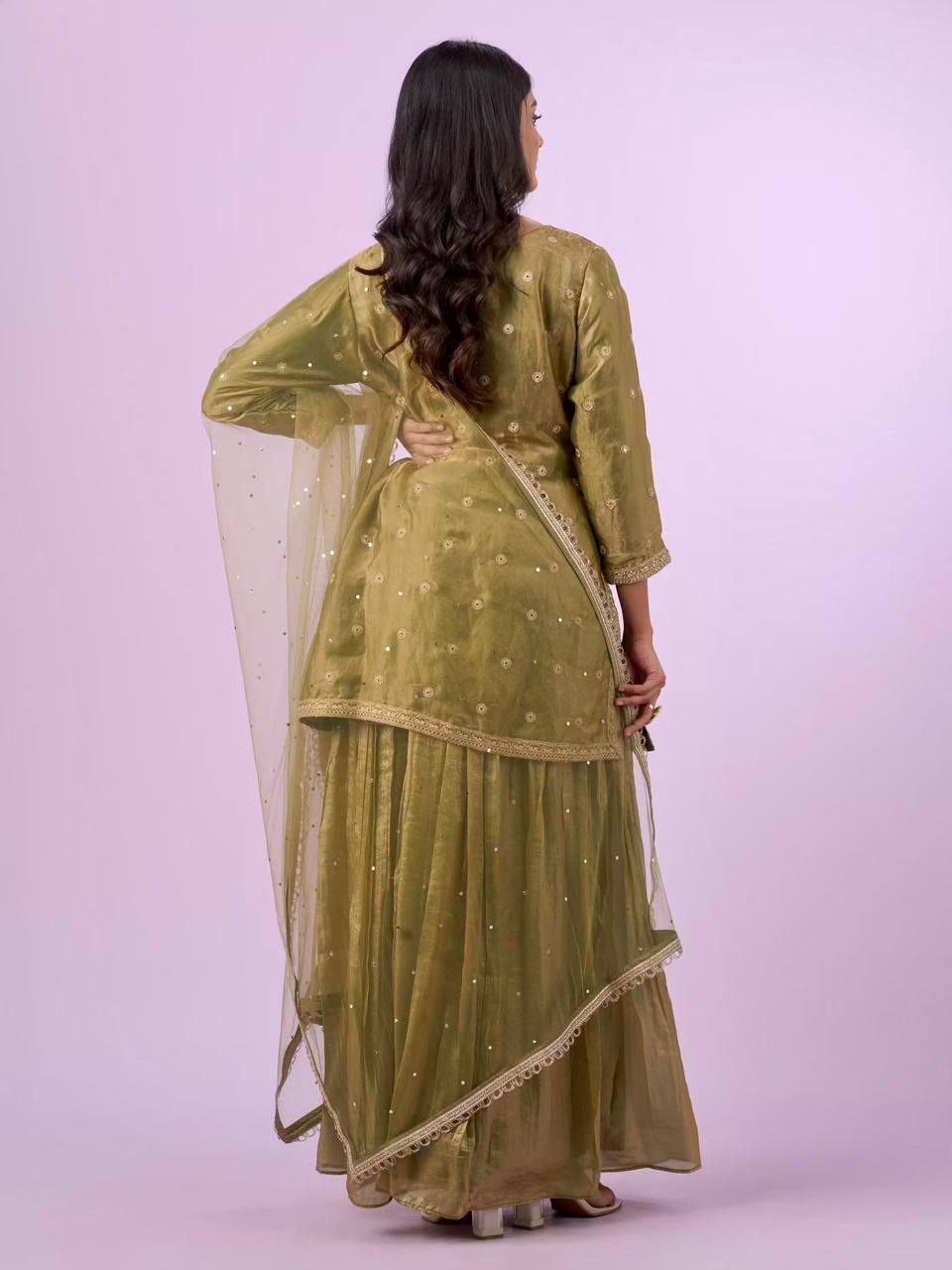 Premium Fandy Silk Top‑Plazzo‑Dupatta Set – Sequins & Diamond Hand Work