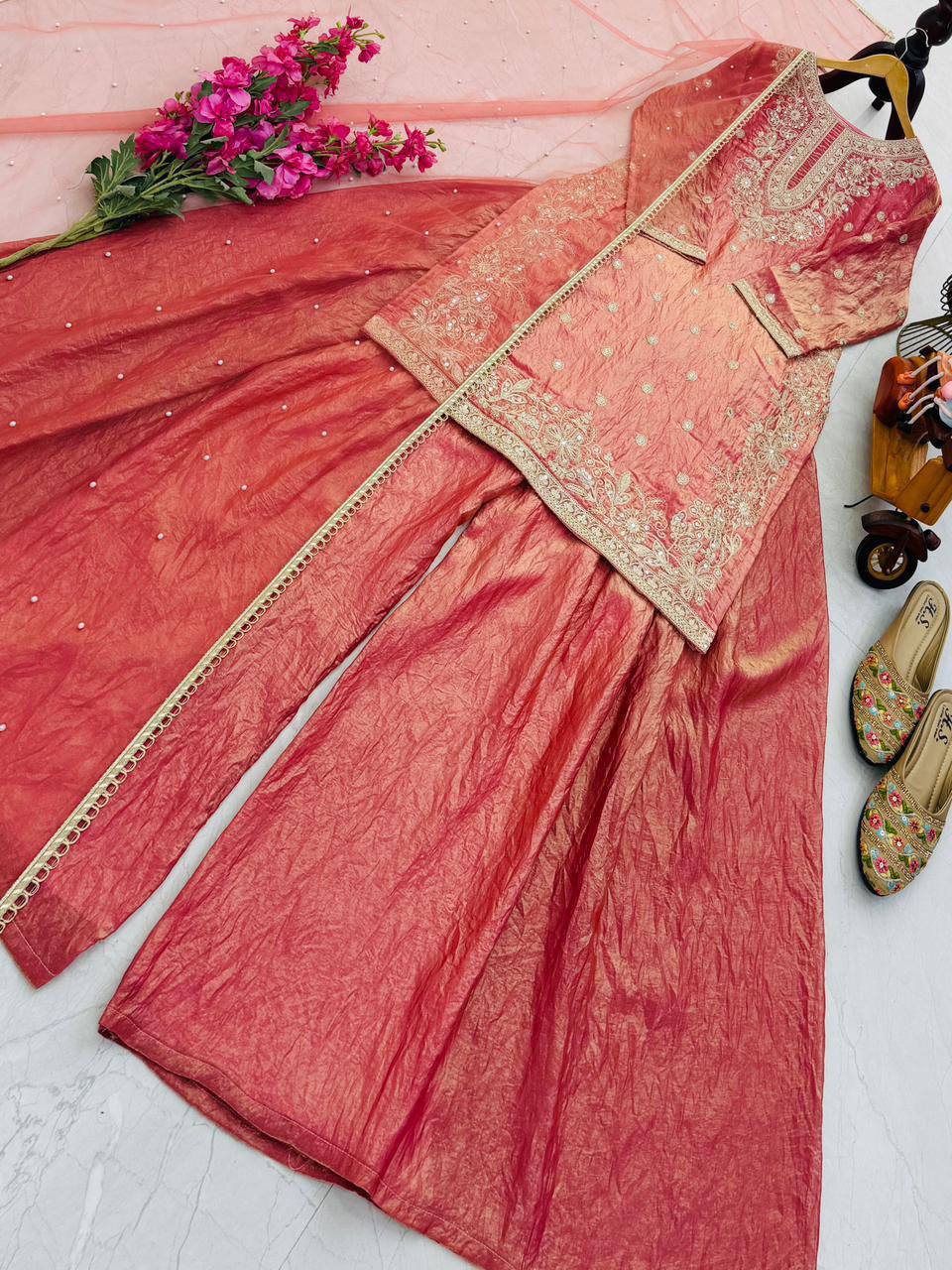 Premium Fandy Silk Top‑Plazzo‑Dupatta Set – Sequins & Diamond Hand Work