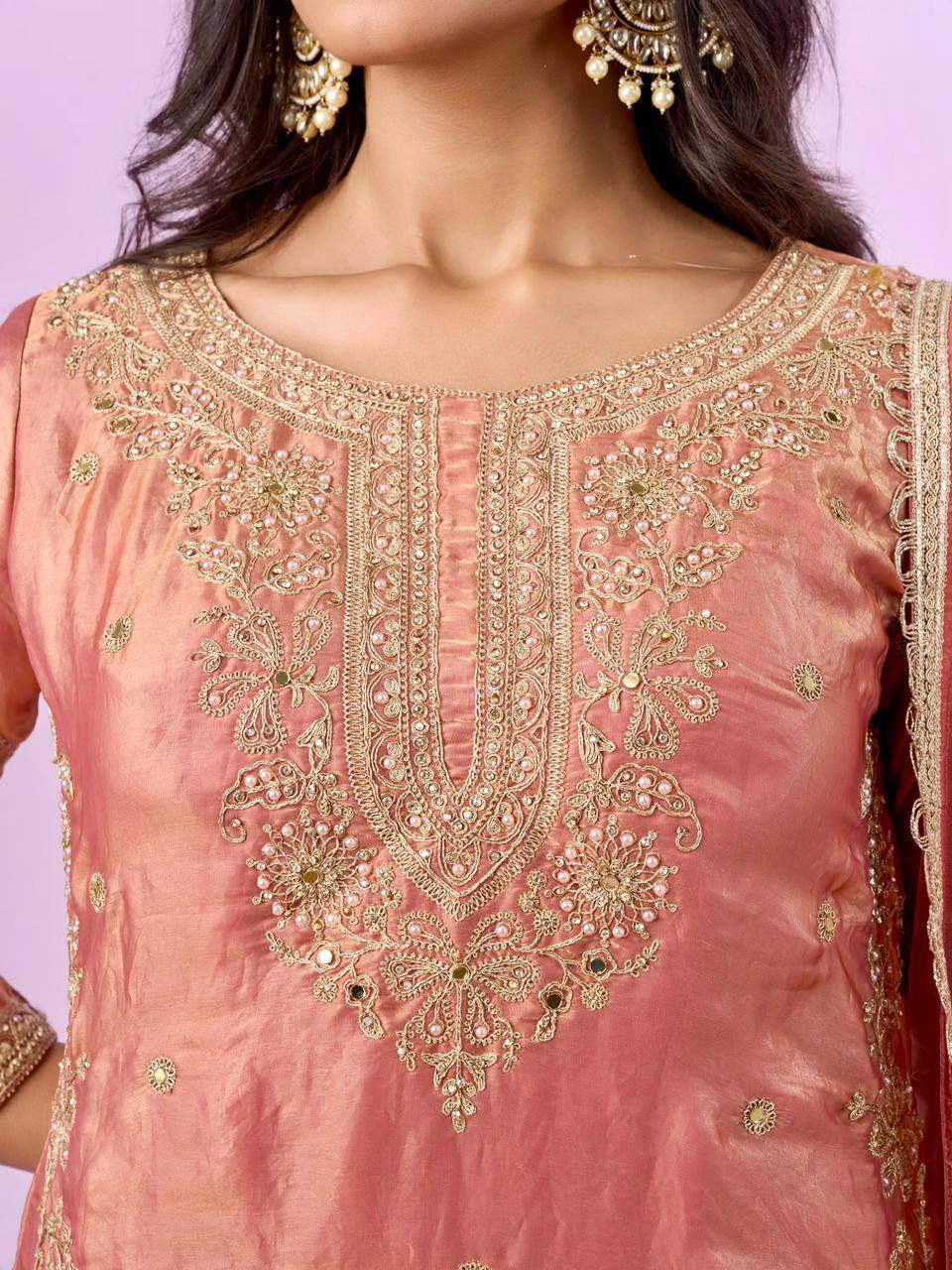 Premium Fandy Silk Top‑Plazzo‑Dupatta Set – Sequins & Diamond Hand Work