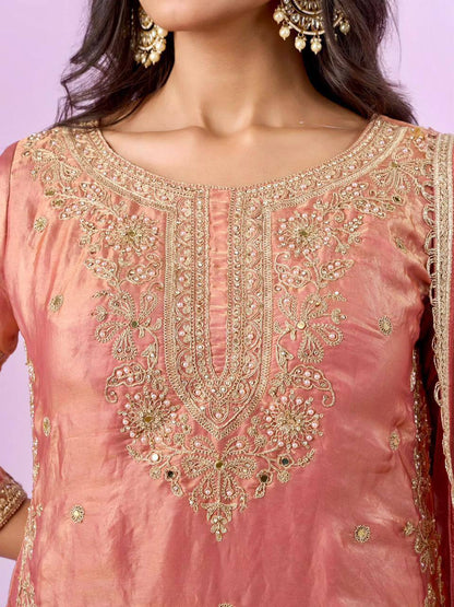 Premium Fandy Silk Top‑Plazzo‑Dupatta Set – Sequins & Diamond Hand Work