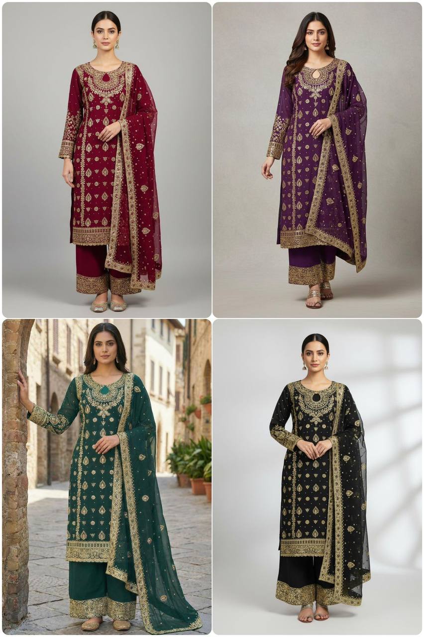 Premium Faux Georgette Top‑Plazzo‑Dupatta Set – Heavy Sequins Embroidery