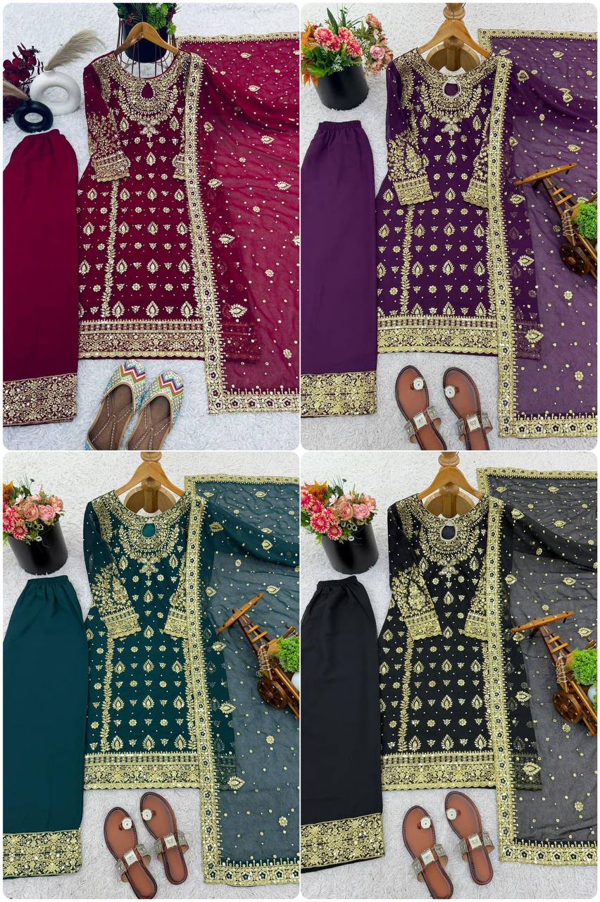 Premium Faux Georgette Top‑Plazzo‑Dupatta Set – Heavy Sequins Embroidery