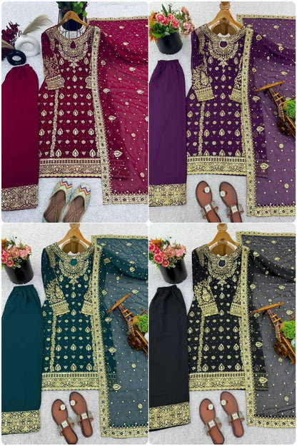 Premium Faux Georgette Top‑Plazzo‑Dupatta Set – Heavy Sequins Embroidery