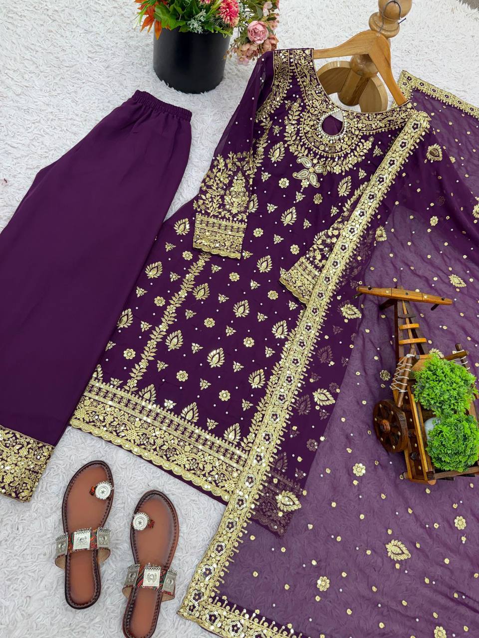 Premium Faux Georgette Top‑Plazzo‑Dupatta Set – Heavy Sequins Embroidery