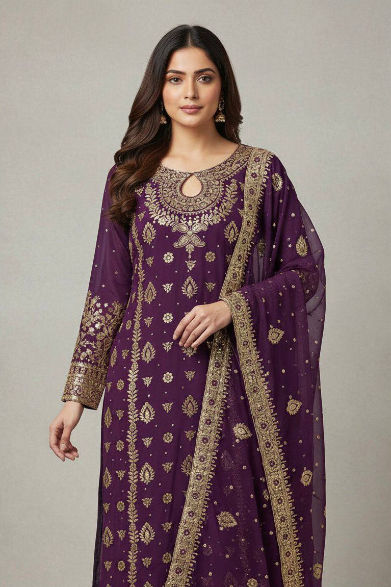 Premium Faux Georgette Top‑Plazzo‑Dupatta Set – Heavy Sequins Embroidery