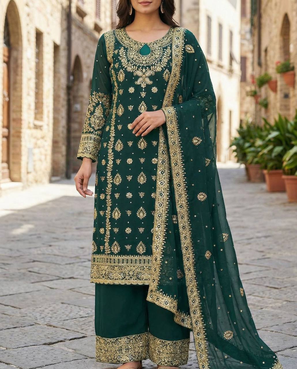 Premium Faux Georgette Top‑Plazzo‑Dupatta Set – Heavy Sequins Embroidery