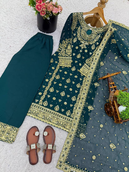 Premium Faux Georgette Top‑Plazzo‑Dupatta Set – Heavy Sequins Embroidery