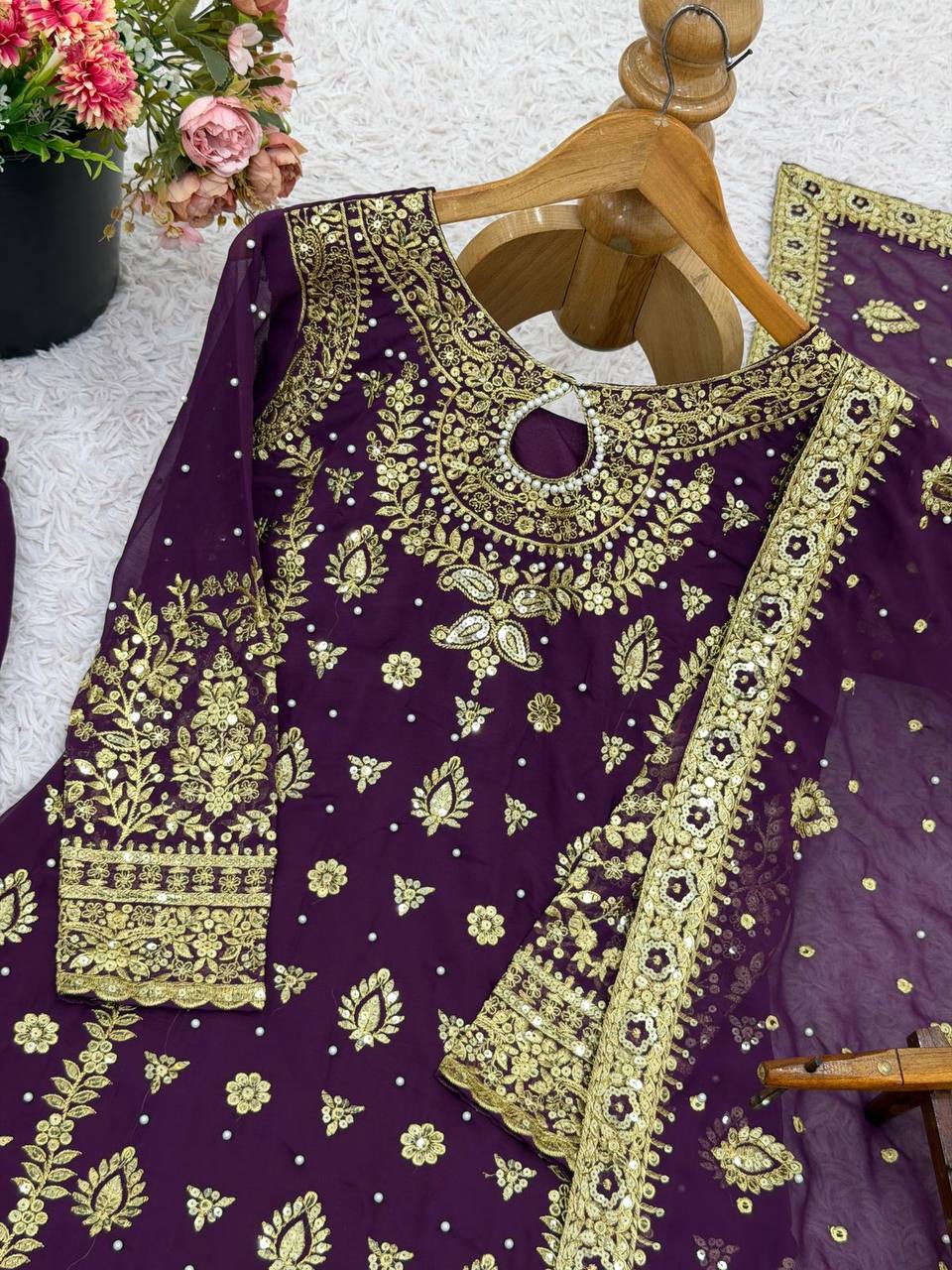 Premium Faux Georgette Top‑Plazzo‑Dupatta Set – Heavy Sequins Embroidery