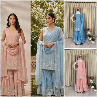 Premium Georgette Kurti‑Sharara‑Dupatta Set – Sequins Embroidery