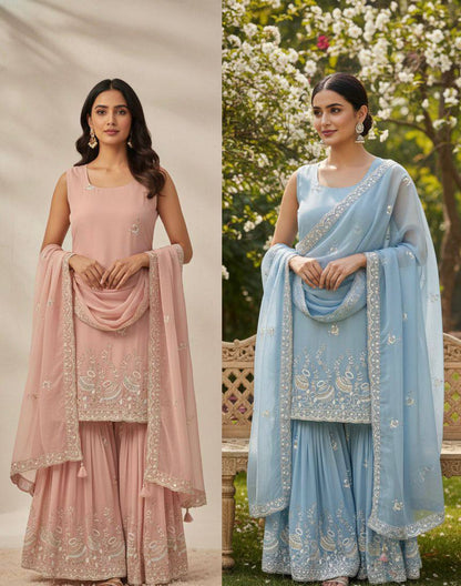 Premium Georgette Kurti‑Sharara‑Dupatta Set – Sequins Embroidery