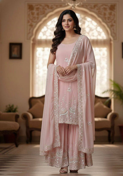 Premium Georgette Kurti‑Sharara‑Dupatta Set – Sequins Embroidery
