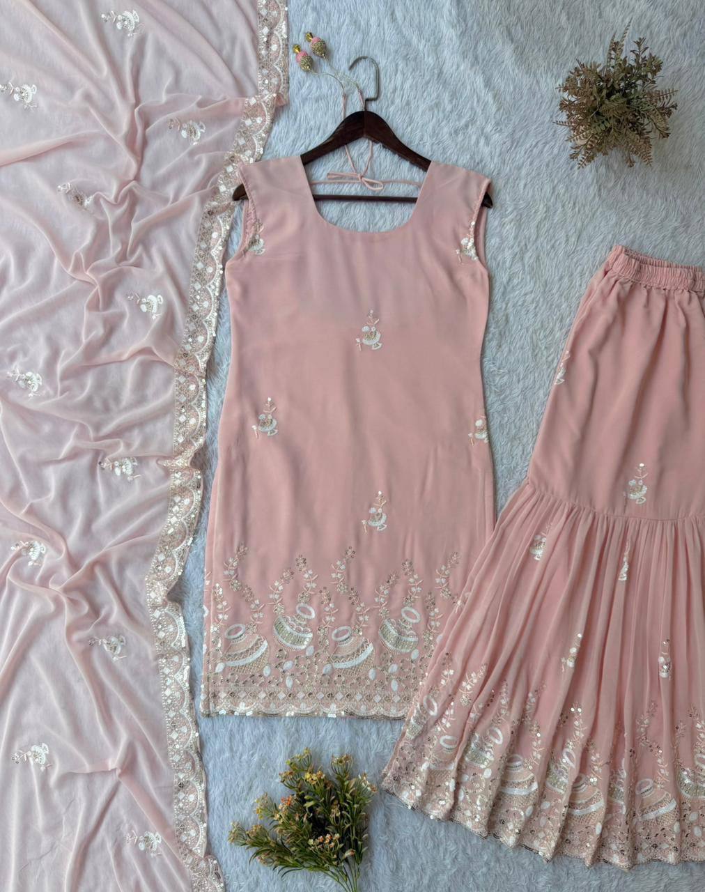 Premium Georgette Kurti‑Sharara‑Dupatta Set – Sequins Embroidery