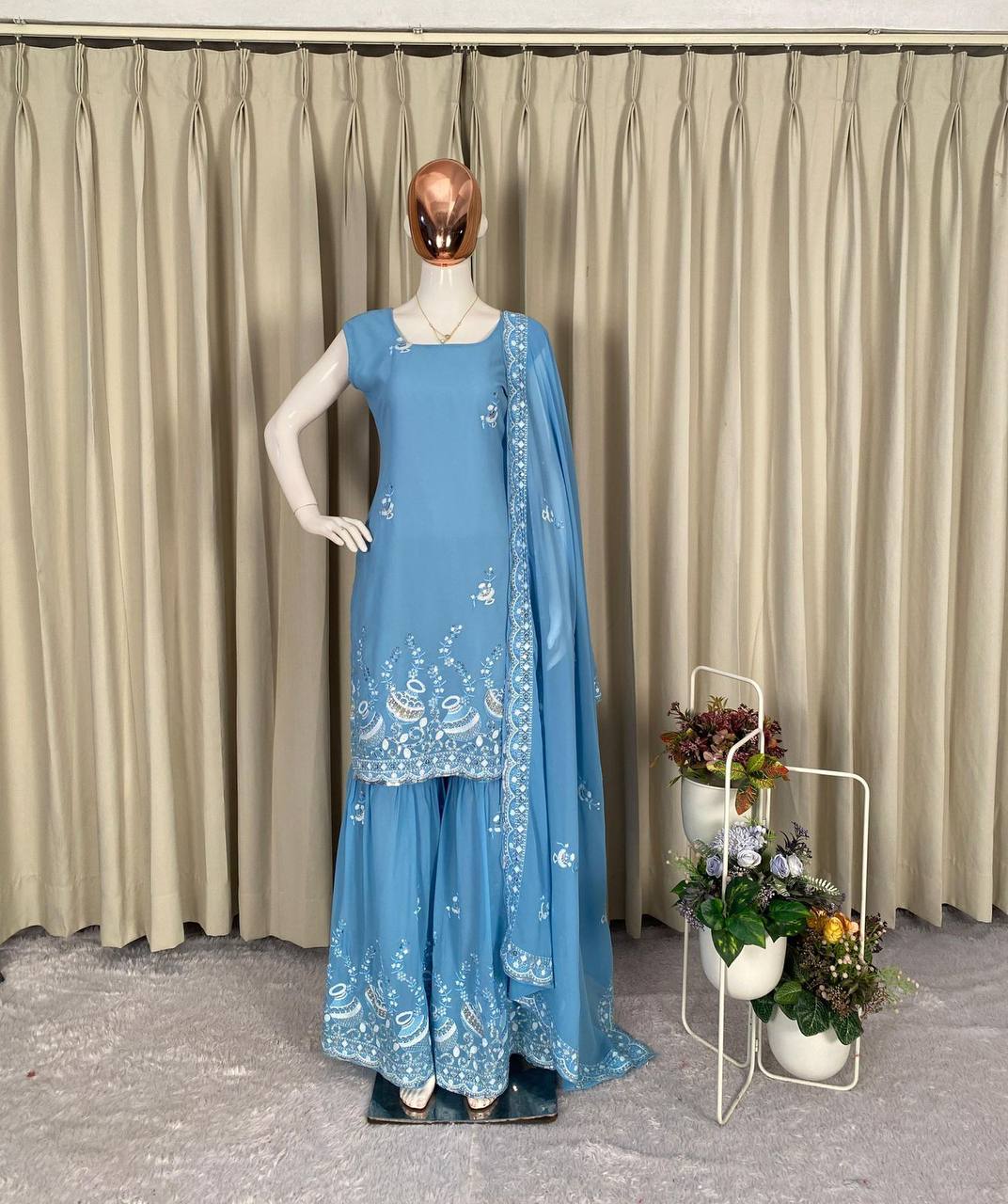 Premium Georgette Kurti‑Sharara‑Dupatta Set – Sequins Embroidery