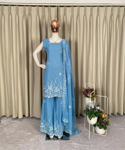 Premium Georgette Kurti‑Sharara‑Dupatta Set – Sequins Embroidery