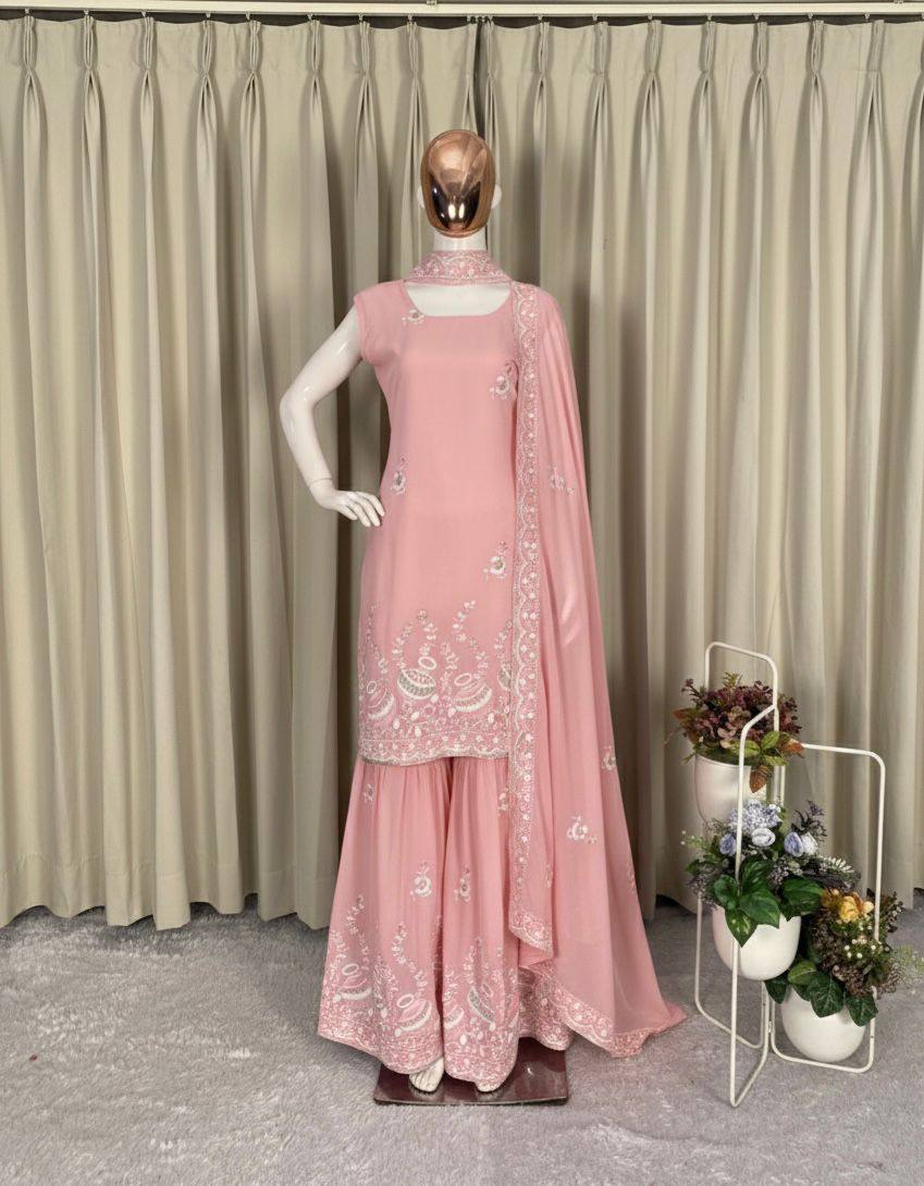 Premium Georgette Kurti‑Sharara‑Dupatta Set – Sequins Embroidery
