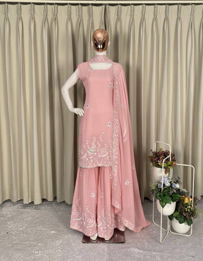 Premium Georgette Kurti‑Sharara‑Dupatta Set – Sequins Embroidery