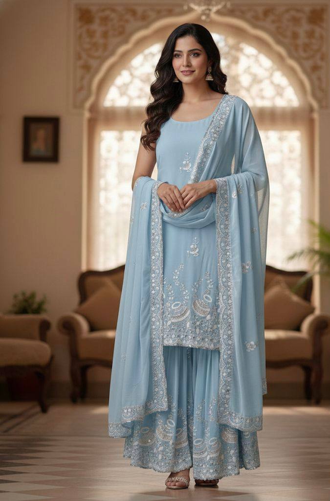 Premium Georgette Kurti‑Sharara‑Dupatta Set – Sequins Embroidery
