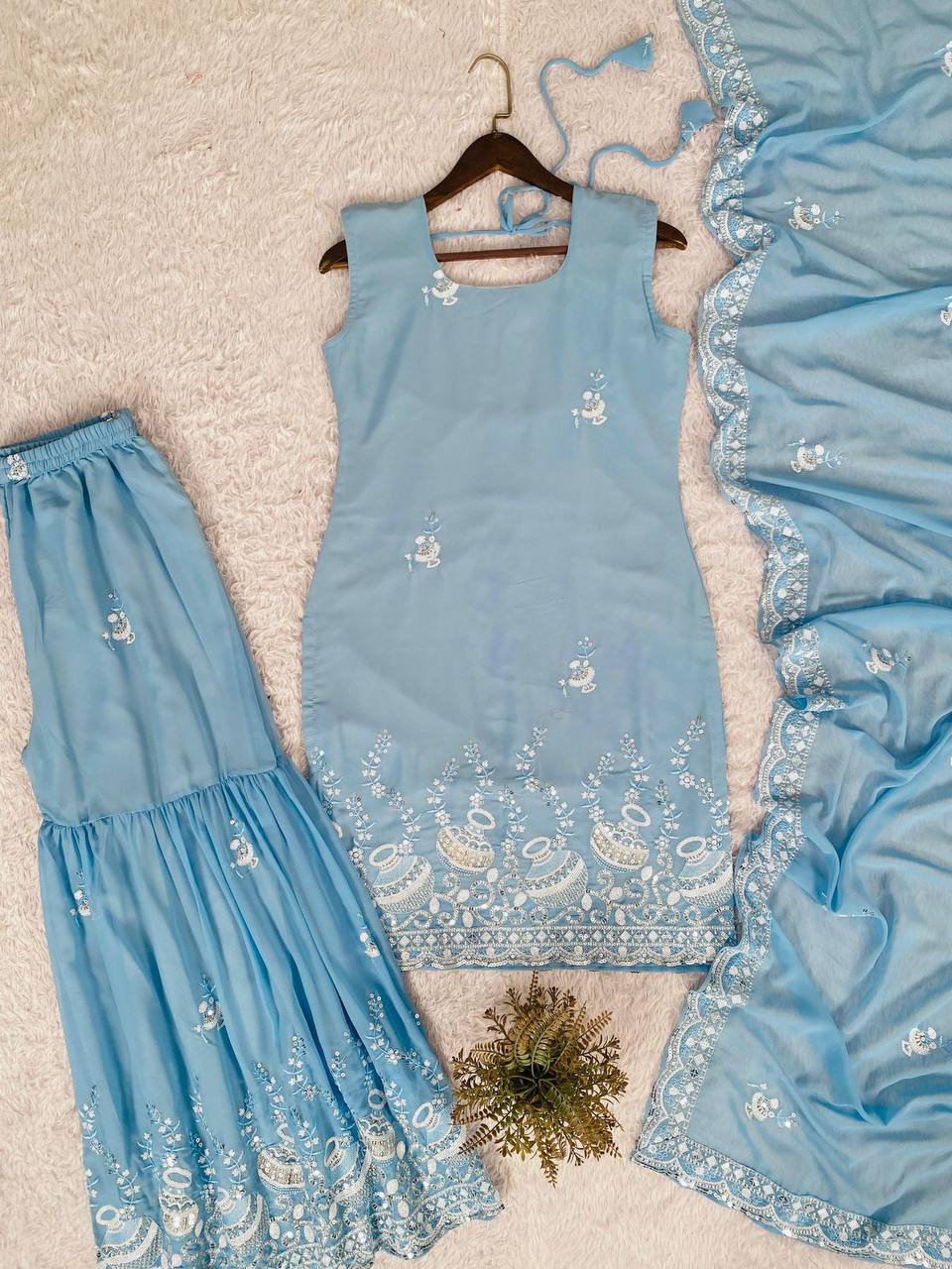 Premium Georgette Kurti‑Sharara‑Dupatta Set – Sequins Embroidery