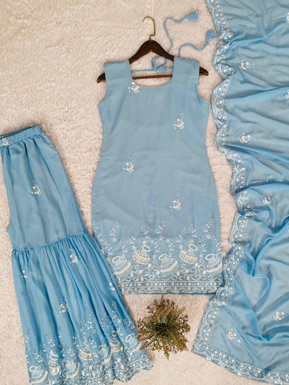 Premium Georgette Kurti‑Sharara‑Dupatta Set – Sequins Embroidery