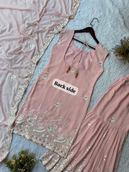 Premium Georgette Kurti‑Sharara‑Dupatta Set – Sequins Embroidery