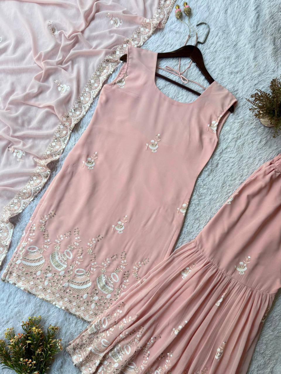 Premium Georgette Kurti‑Sharara‑Dupatta Set – Sequins Embroidery