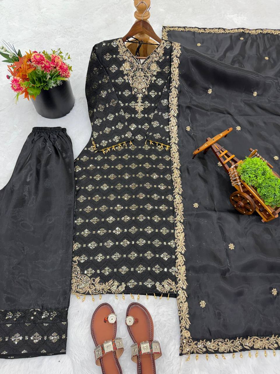 Premium Designer GMY Silk Top‑Plazzo‑Dupatta Set – Heavy Sequins Embroidery with Lace Border