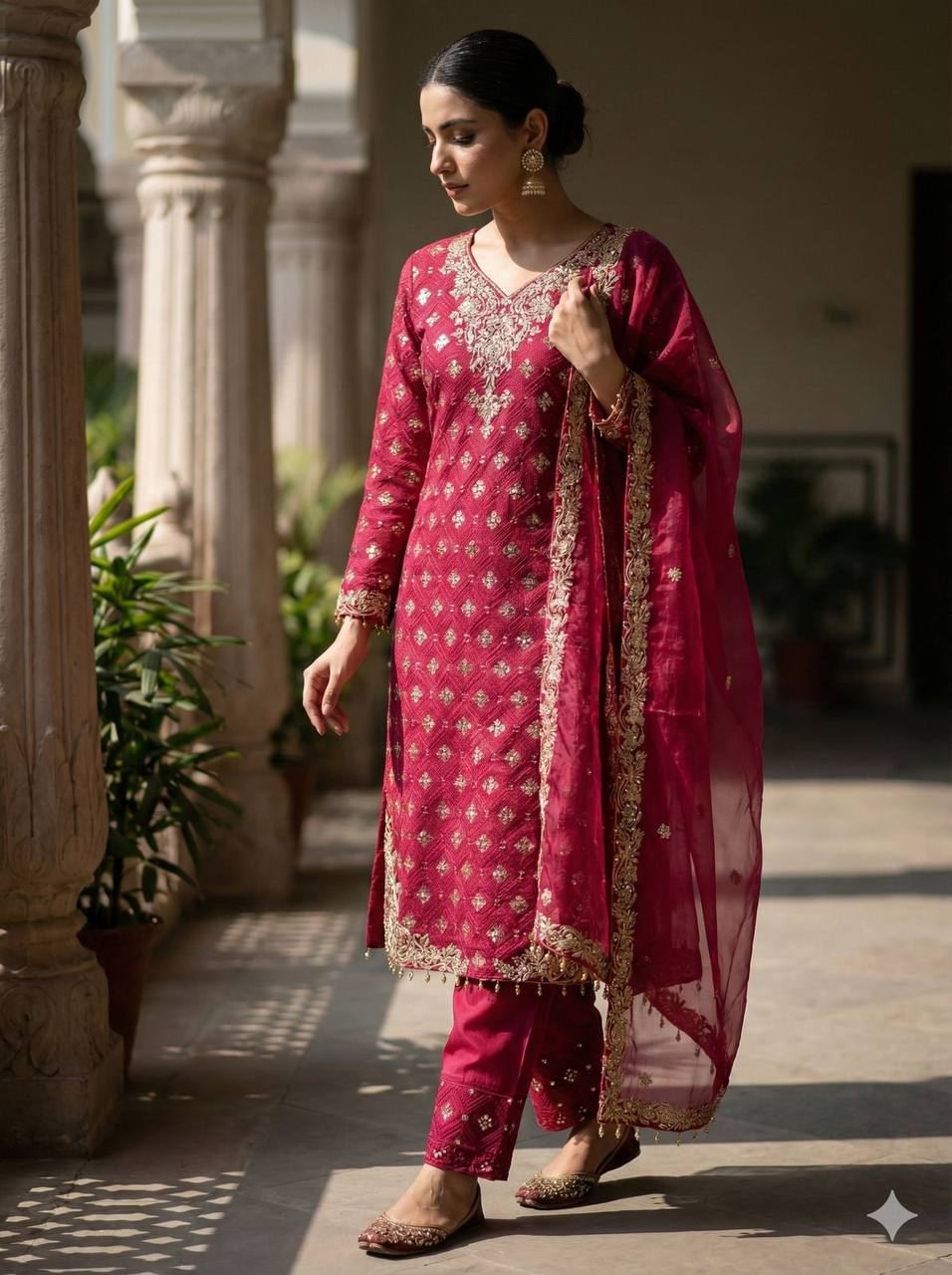 Premium Designer GMY Silk Top‑Plazzo‑Dupatta Set – Heavy Sequins Embroidery with Lace Border