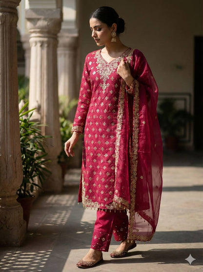 Premium Designer GMY Silk Top‑Plazzo‑Dupatta Set – Heavy Sequins Embroidery with Lace Border