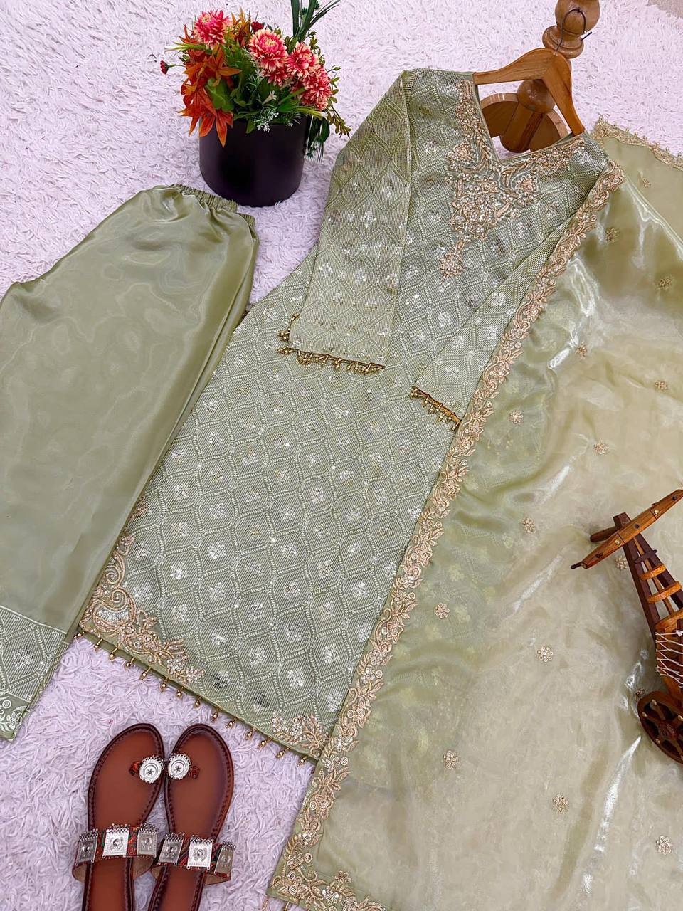 Premium Designer GMY Silk Top‑Plazzo‑Dupatta Set – Heavy Sequins Embroidery with Lace Border