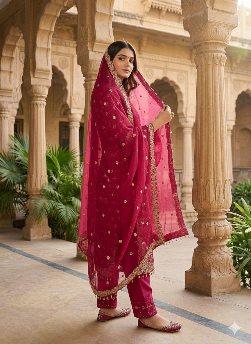 Premium Designer GMY Silk Top‑Plazzo‑Dupatta Set – Heavy Sequins Embroidery with Lace Border