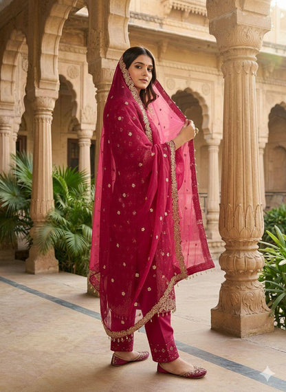 Premium Designer GMY Silk Top‑Plazzo‑Dupatta Set – Heavy Sequins Embroidery with Lace Border