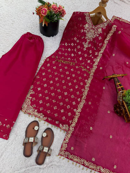 Premium Designer GMY Silk Top‑Plazzo‑Dupatta Set – Heavy Sequins Embroidery with Lace Border