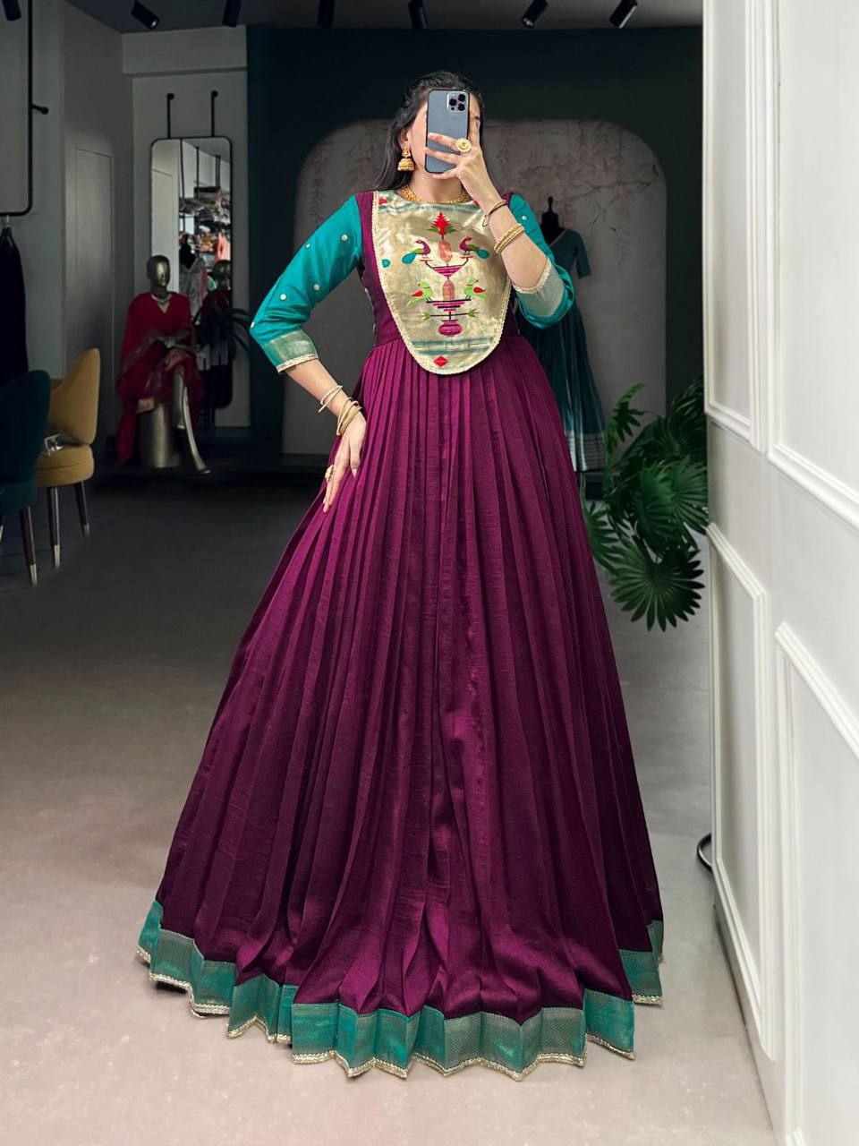 Premium Long Dress in Vichitra Silk – Zari Weaving with Lace Detailing