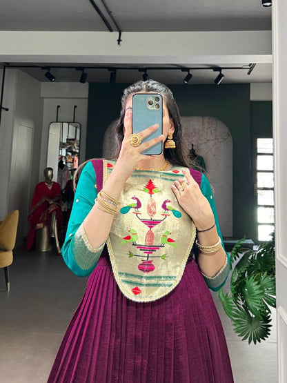 Premium Long Dress in Vichitra Silk – Zari Weaving with Lace Detailing